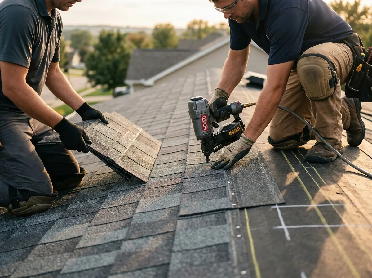 Professional roofer working on a residential roof in Niles